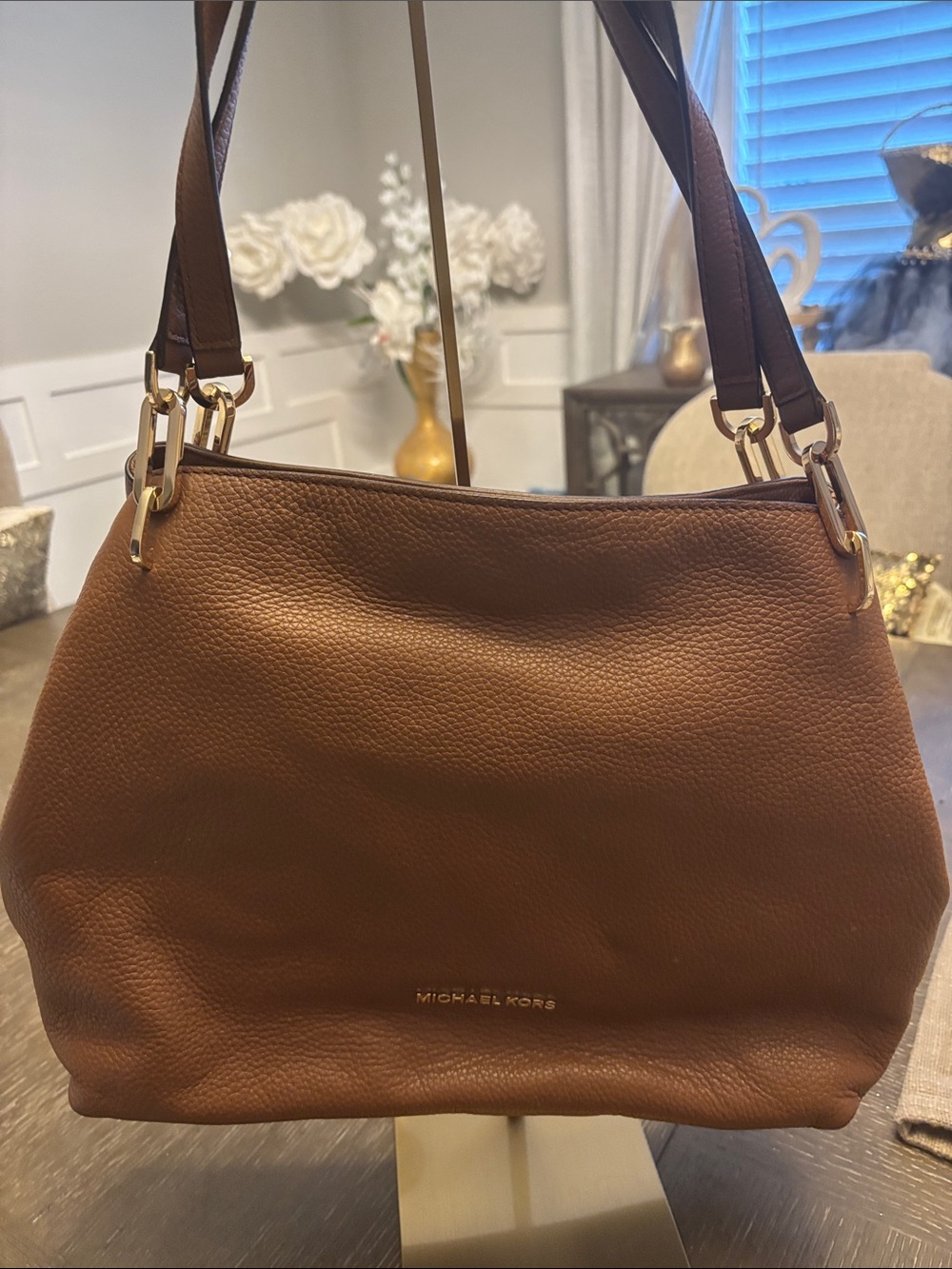 Michael Kors Chestnut Pebbled Leather Shoulder Bag with Gold Hardware